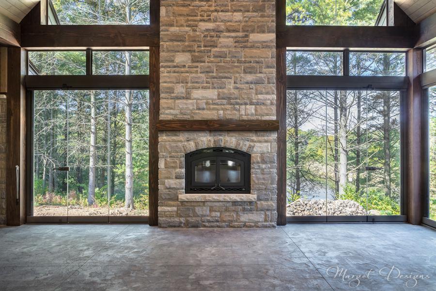 Great room with fireplace and glass doors