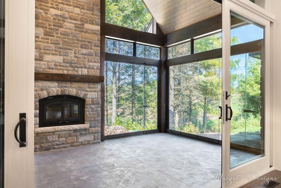 Great room with fireplace and glass doors
